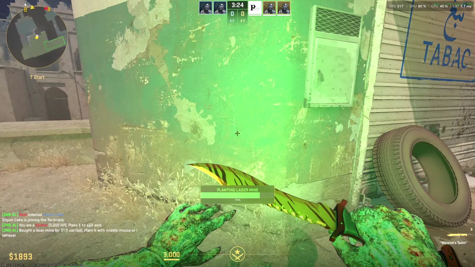 A bright green infected ability spreading across a Counter-Strike 2 floor