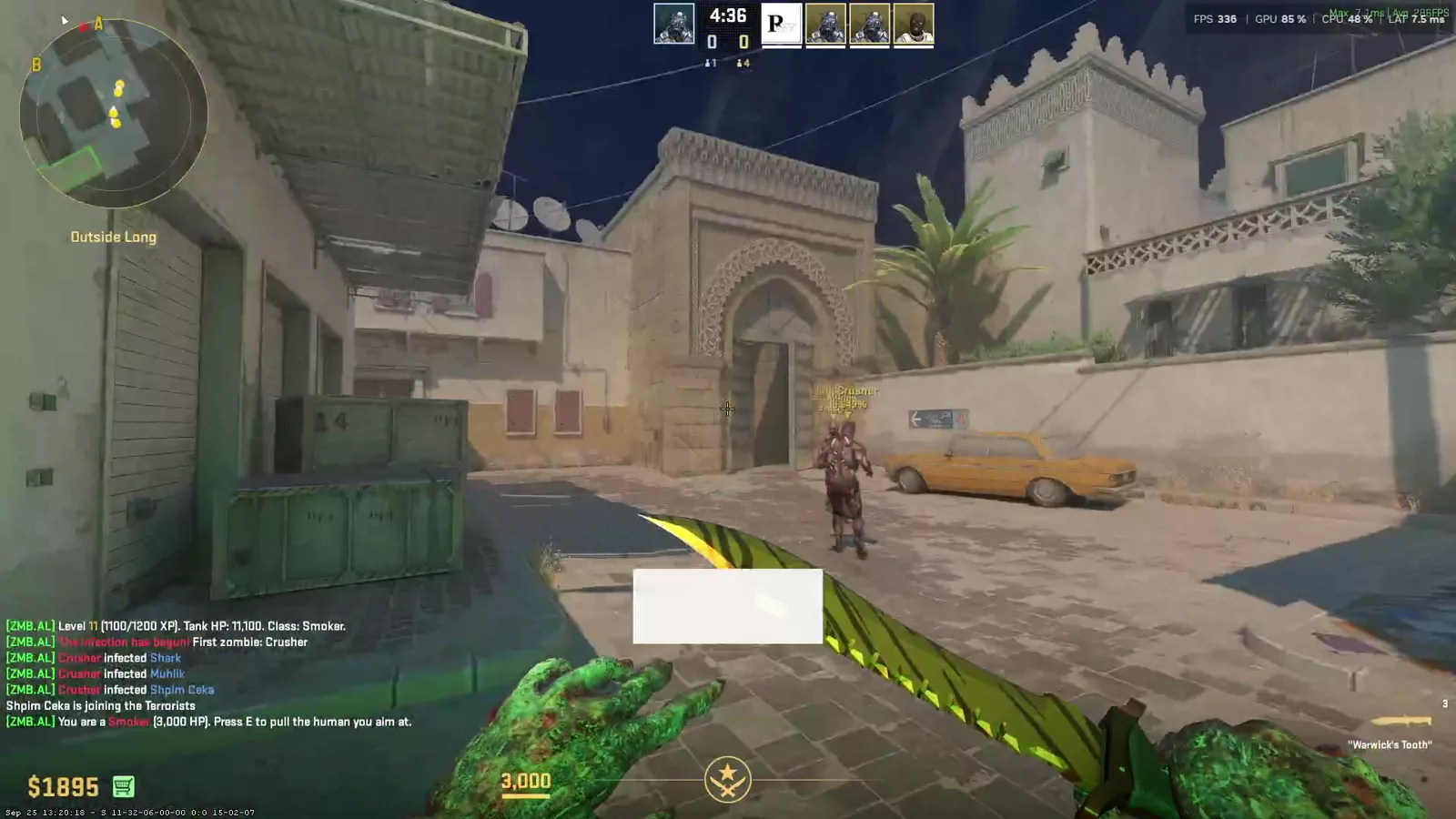 Green infected hands seen from the player viewpoint in Counter-Strike 2