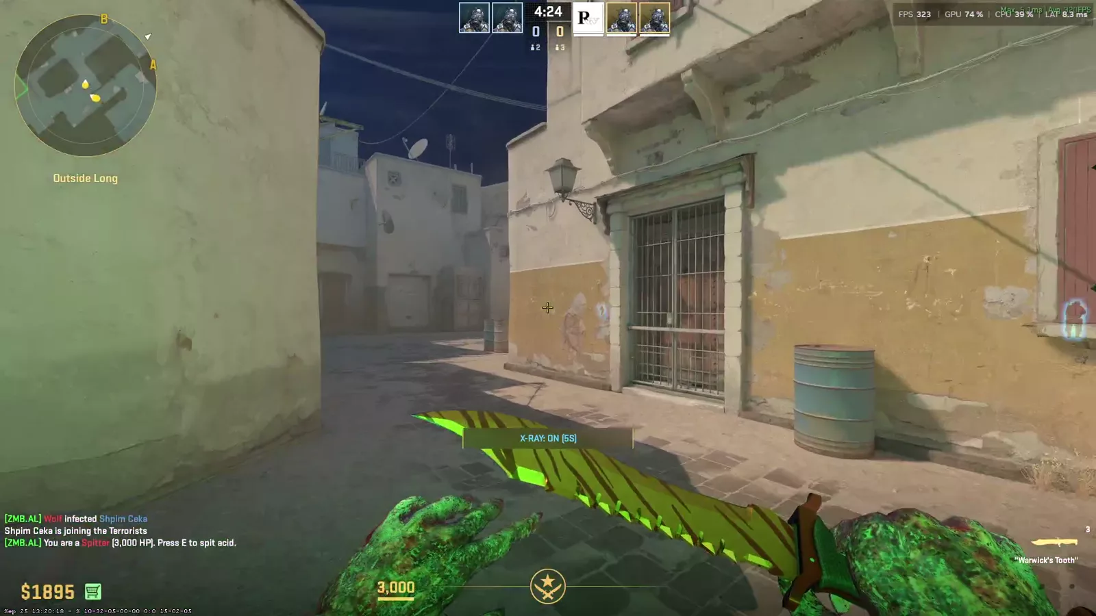 An infected player tracking a highlighted human target through the dark